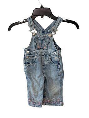 Faded Glory Infant Denim Overalls With Butterfly & Floral Embroidery 12 month